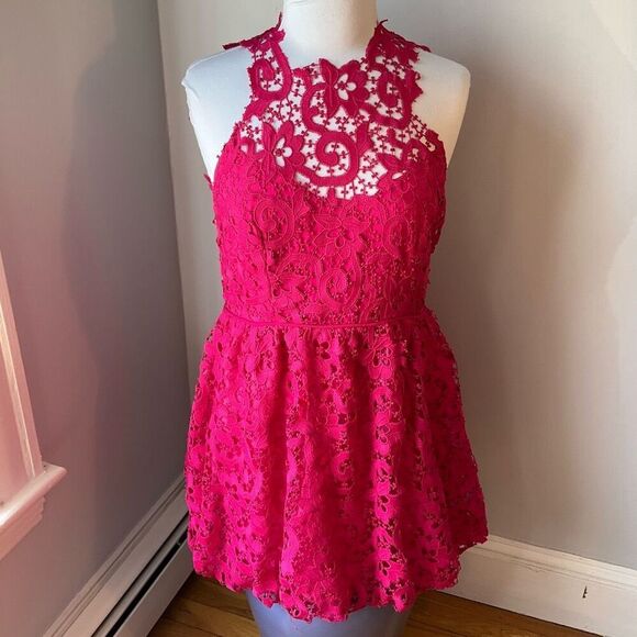 Saylor Hot Pink Lace Backless Mini Bubble Skirt Dress, M Pockets! - Picture 16 of 16